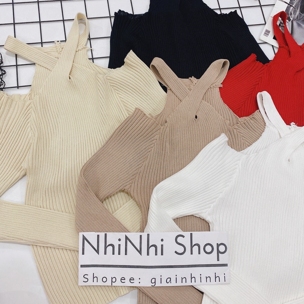 Áo len cổ yếm dây chéo sexxy sang chảnh, dáng ôm dài tay co giãn AL7575 - NhiNhi Shop
