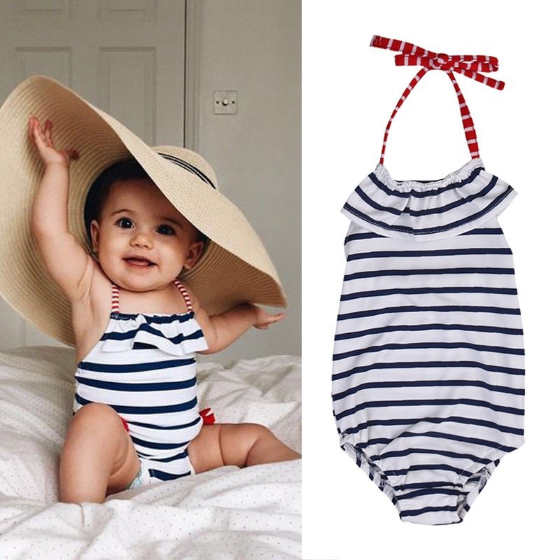 ღ♛ღKids Baby Girls Striped Halter Swimsuit Swimwear One Pieces Bathing Suit