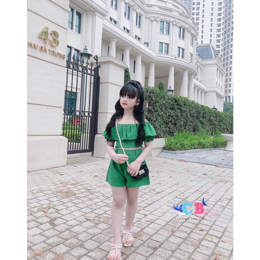 Bộ trễ vai mùa hè bé gái, bộ áo trễ vai bèo croptop chất đũi nhẹ tênh cho bé