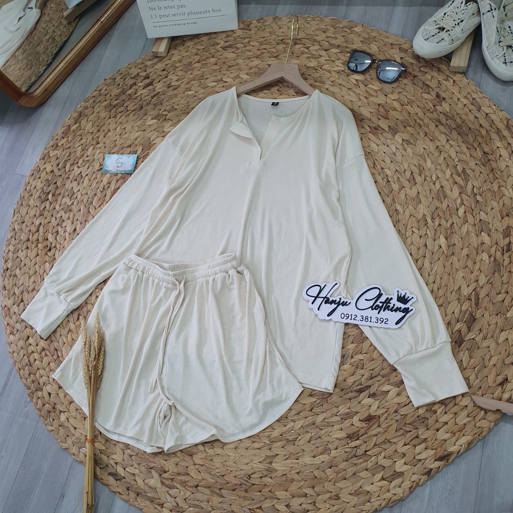 Set Bộ Áo Dài Tay + Quần Short Chất Thun Cát Mềm Rủ Mịn Mát - Hanju