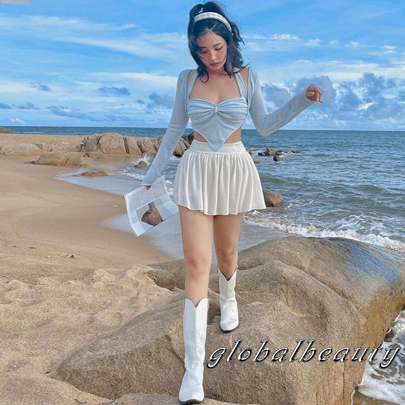 Gb Áo Croptop Không Tay Cổ Khoét Sâu Cột Dây Đính Ngọc Trai Giả Màu Xanh Dương Viền Tam Giác Trang Trí Cho Nữ