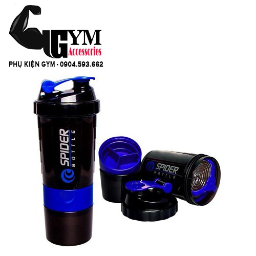 Bình lắc 3 ngăn bình tập gym Spider Bottle màu xanh lam