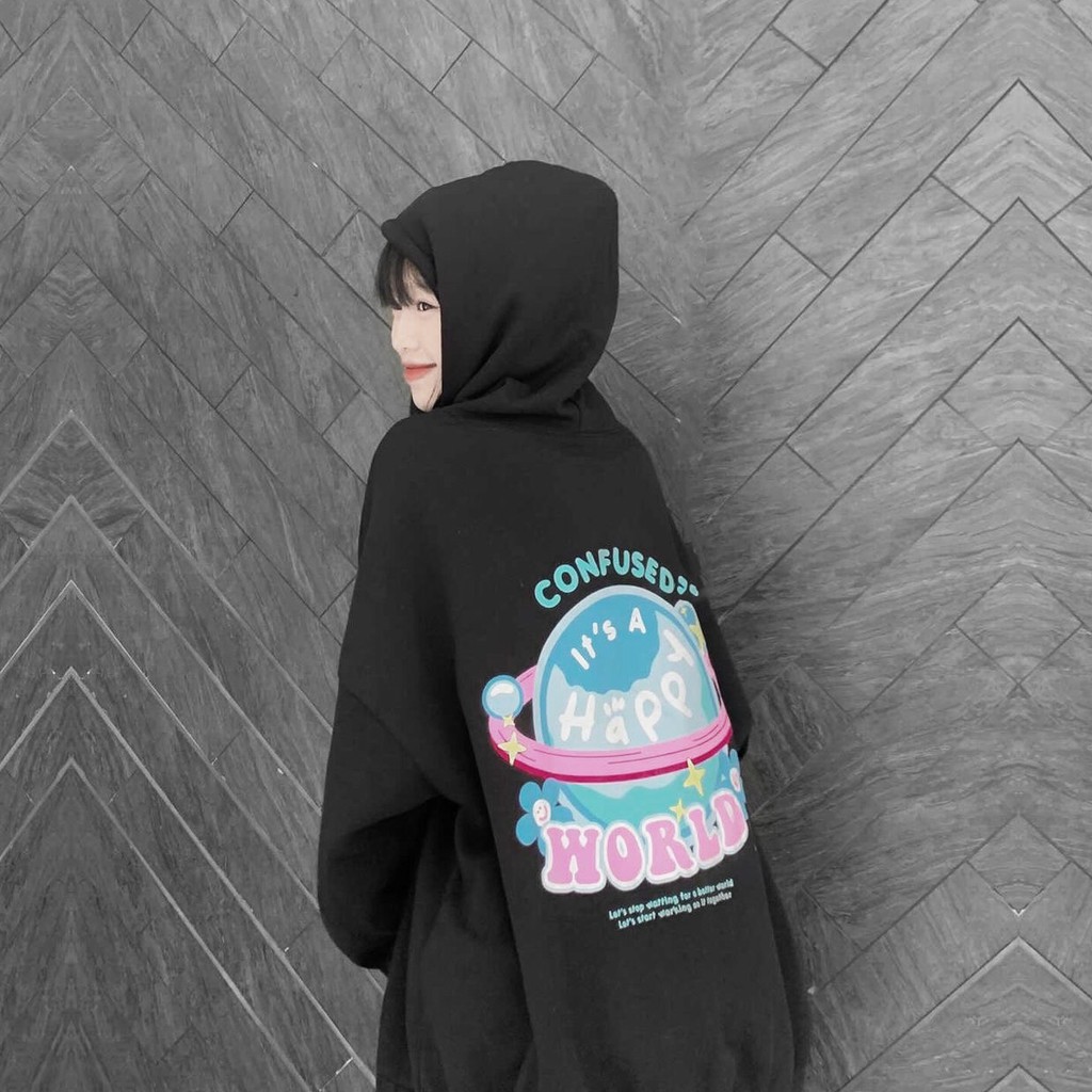 Áo Hoodie CONFUSED [HAPPY WORLD], Áo khoác nỉ Unisex, Form rộng, Nón dày 2 lớp, Màu Đen/Trắng | BigBuy360 - bigbuy360.vn