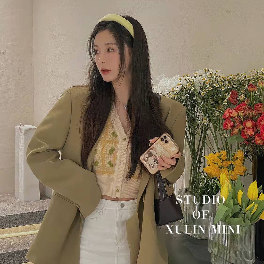 SUXI Áo Dệt Kim Tay Phồng Ngắn Cổ Chữ V Thời Trang Mùa Xuân Phong Cách Vintage Dễ Phối Đồ Cho Nữ