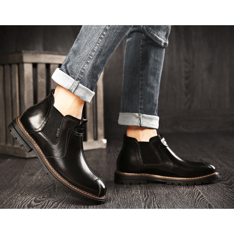 Giày da bò nam đế cao không dây, giày da bò thật cổ lửng dòng chelsea boot đế cao su đúc chống trơn tăng chiều cao