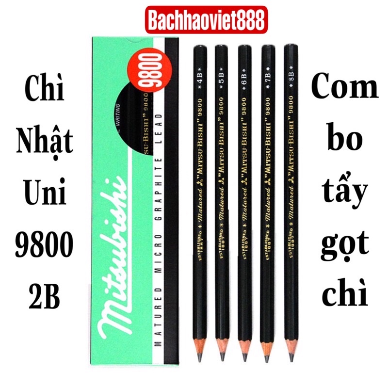 Combo bút chì Nhật 2B, gọt và tẩy chì, Dụng cụ vẽ Uni Mitsubishi 9800-2B chì phác thảo cao cấp