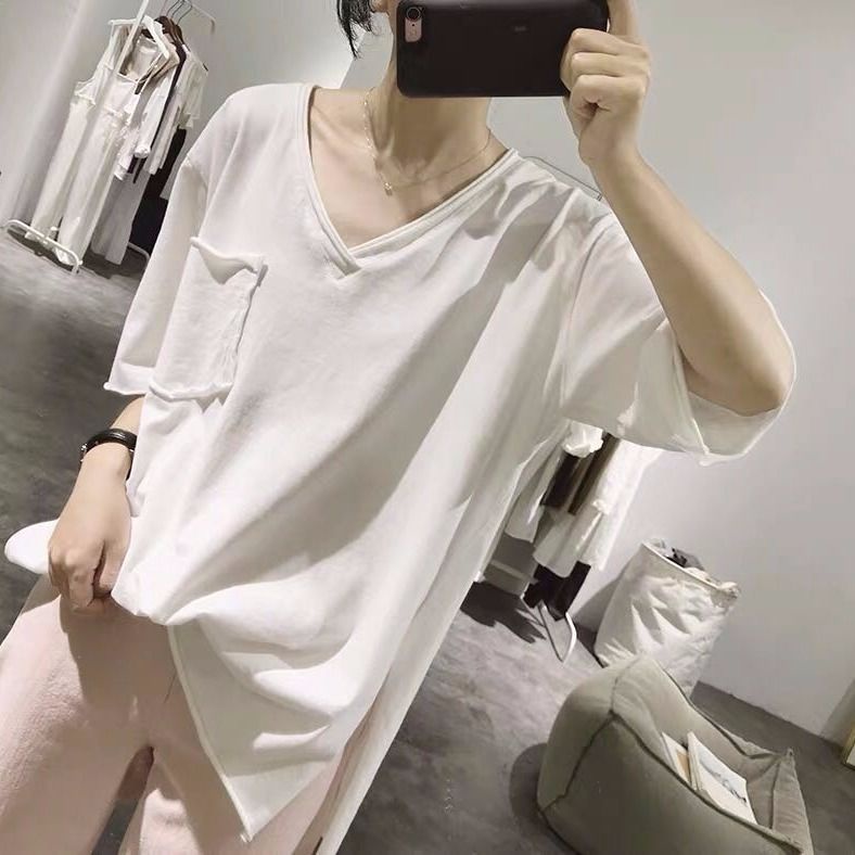 Áo Thun Cotton 95 Dáng Rộng Ngắn Tay Cổ Chữ V Lưng Uốn Xoăn Kiểu Hàn Quốc Thời Trang Mùa Hè Cho Học Sinh