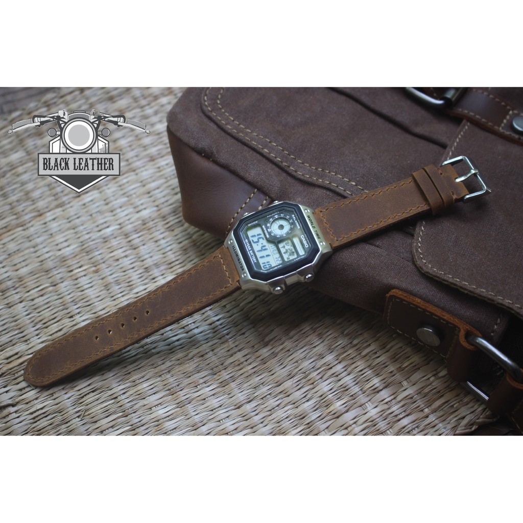 Dây đồng hồ da bò cho Casio AE1200 WHD (Tặng kèm khoá + cây thay dây )