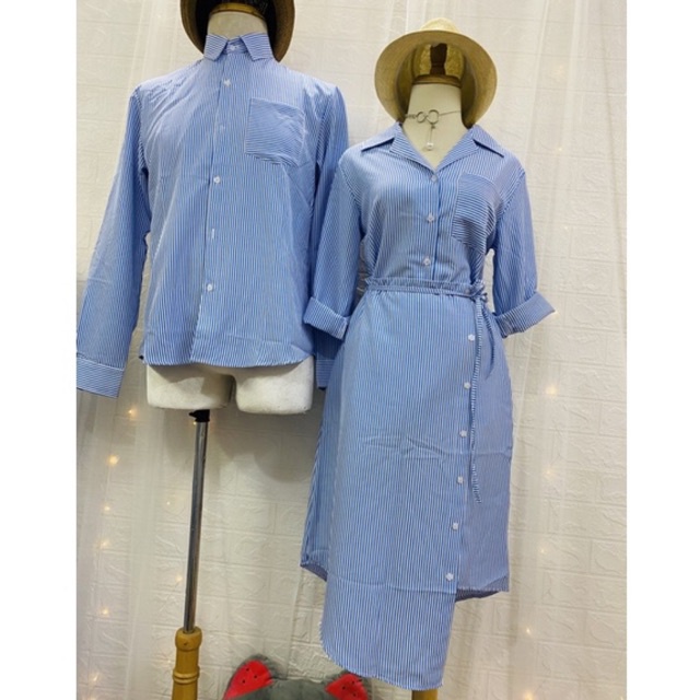 (Có ảnh thật) Set áo váy đôi nam nữ sọc xanh 3 món siêu xinh giá rẻ Forever Couple Store (giá gồm áo váy, có ảnh thật)