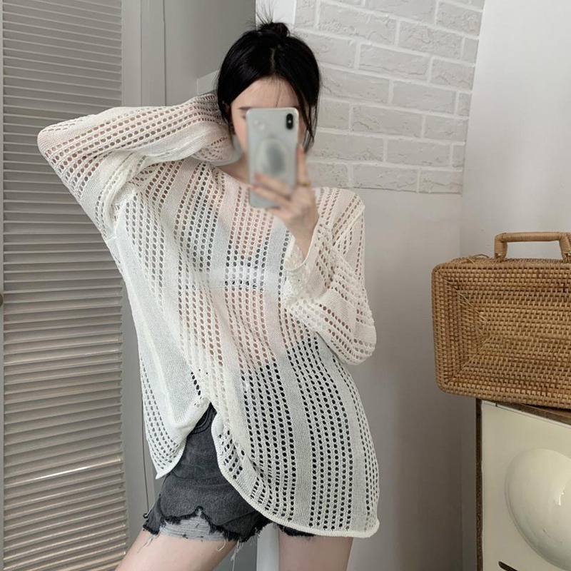 Áo Dệt Kim Nữ Tay Dài Cổ Tròn Màu Sắc Thanh Lịch