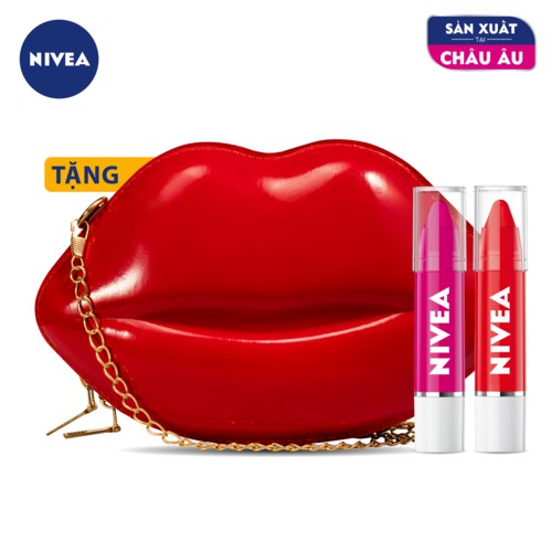 Bộ đôi son bút chì Crayon Nivea (đỏ rực rỡ 85132 & hồng nóng bỏng 85099 - 3gx2) + Tặng túi thời trang sành điệu