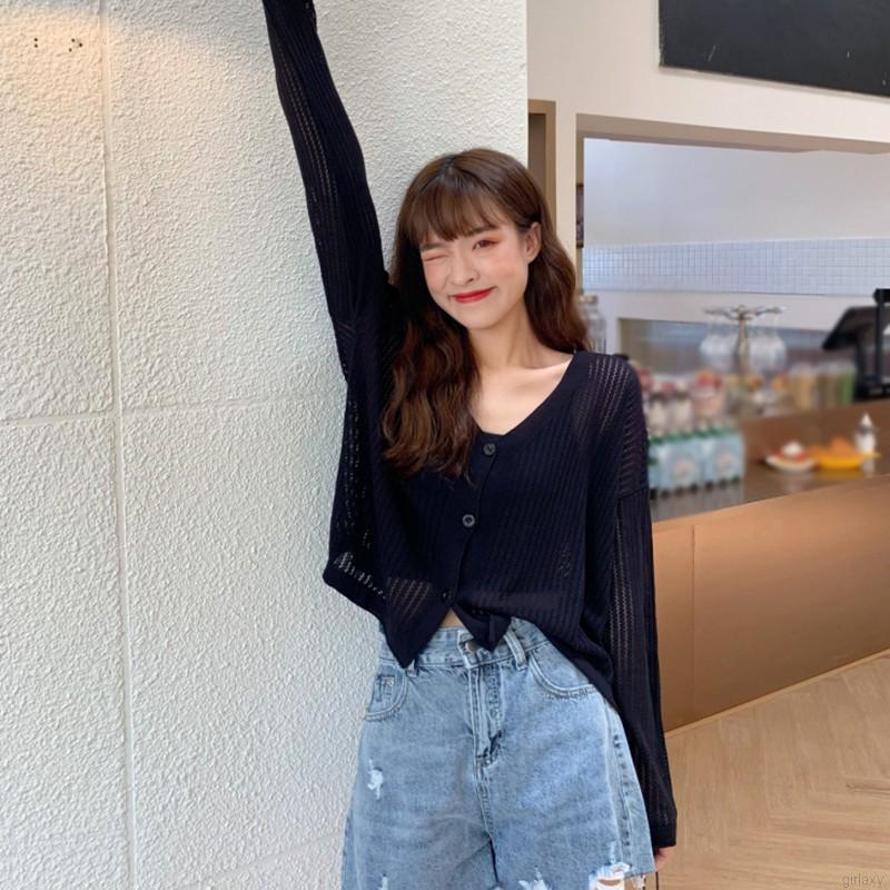 Áo Cardigan Dệt Kim Tay Dài Cổ Chữ V Màu Trơn Phong Cách Hàn Quốc Đơn Giản