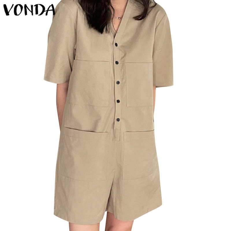 Áo liền quần VONDA ngắn tay cổ chữ V màu trơn đính nút phối túi màu sắc thời trang cho nữ