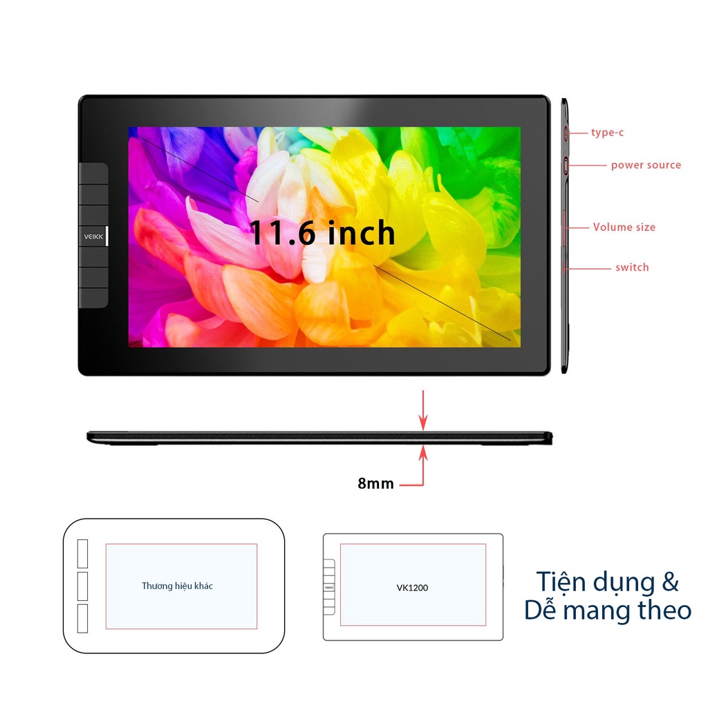 Bảng Vẽ Điện Tử VEIKK VK1200 Full Laminated Cảm Ứng Nghiêng Độ Nhạy Cao
