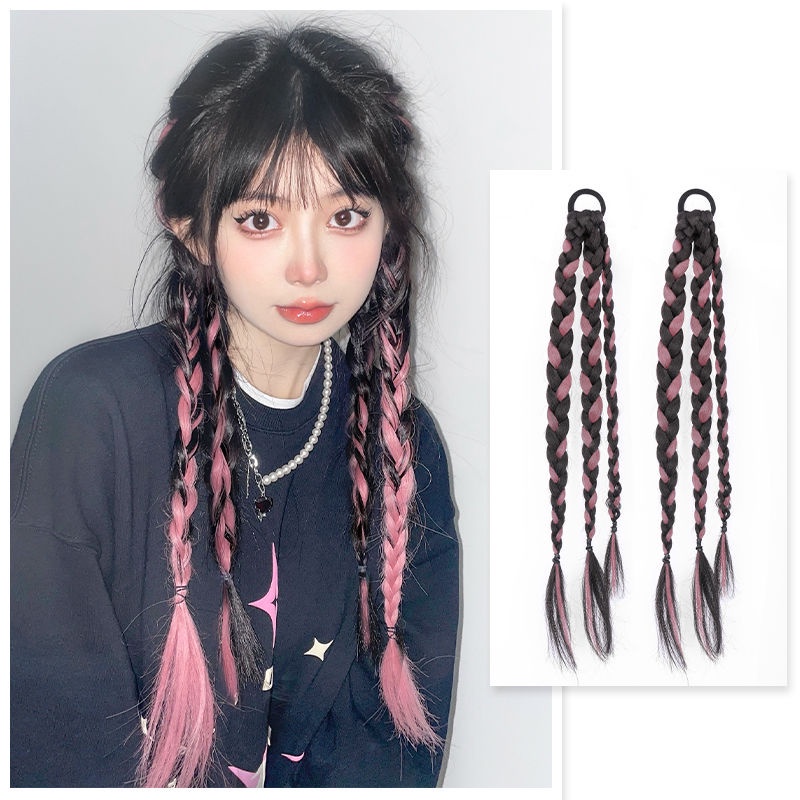 【kifli】Tóc Giả Đuôi Ngựa Dài Thắt Bím Hai Lớp Màu Sắc Ngọt Ngào Cá Tính