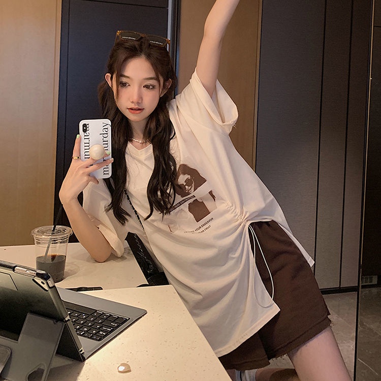 Áo thun ngắn tay/ Quần short lưng cao SUXI in họa tiết thời trang mùa hè dành cho nữ