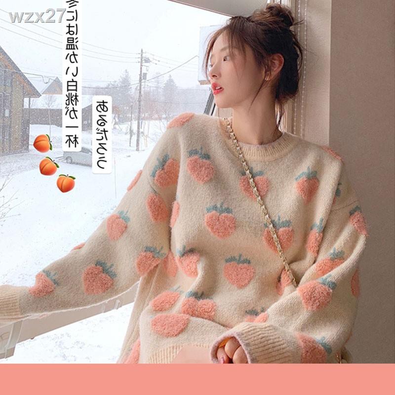 Áo len nữ mềm mịn dày dặn form rộng họa tiết dâu & đào style Hàn Quốc (Kèm ảnh thật)【7-9 ngày giao hàng】