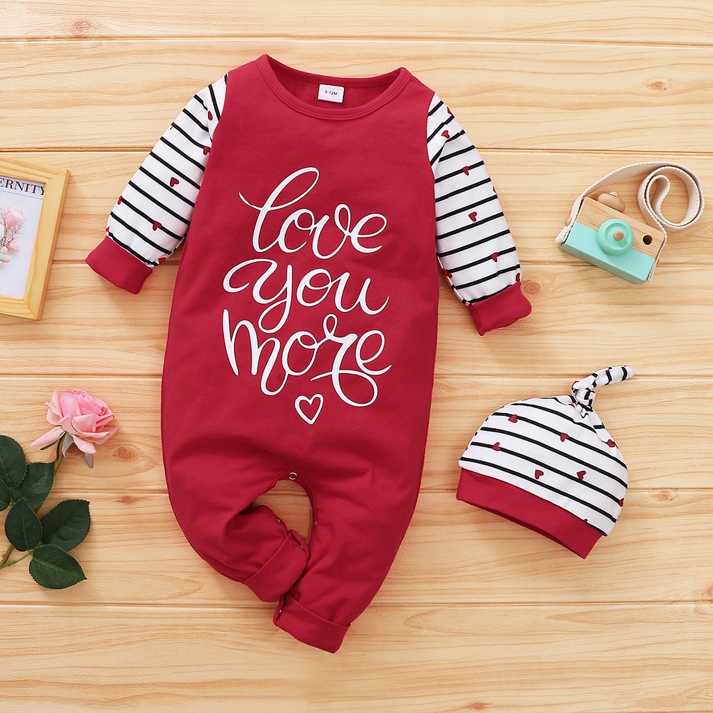 Bộ đồ MIKRDOO gồm áo liền quần dài tay vải cotton họa tiết kẻ sọc họa tiết chữ và mũ đáng yêu xinh xắn cho bé sơ sinh