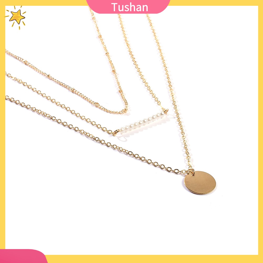 Dây chuyền ba lớp đính ngọc trai mặt tròn thời trang sang trọng