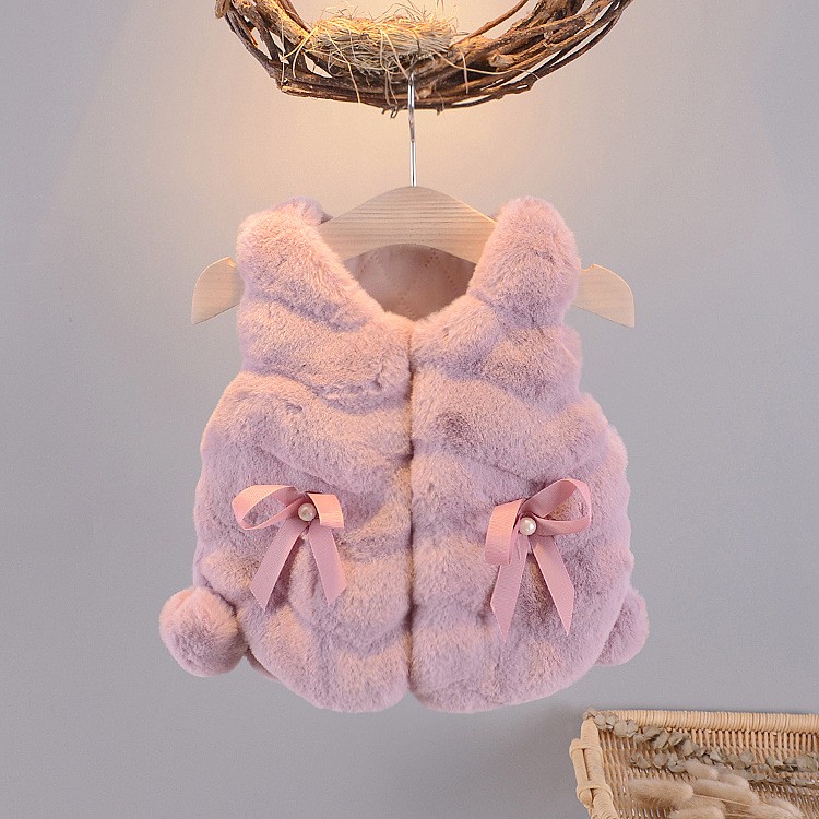 Áo khoác gile lông thỏ đính nơ cao cấp bé gái size 7-15kg AK19
