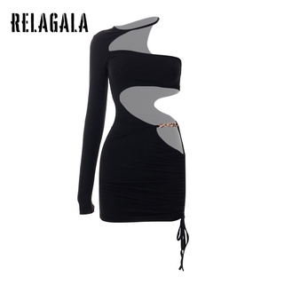 RelaGala Thời Trang Nữ Màu Trơn Dây Dài Tay Rỗng Dây Rút Đầm