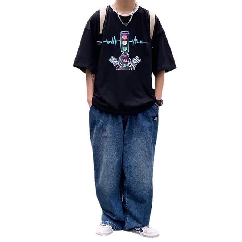 Áo Thun Tay Ngắn Dáng Rộng In Họa Tiết Hoạt Hình Phong Cách Nhật Bản Thời Trang Mùa Hè Cho Nam Và Nữ M-8XL