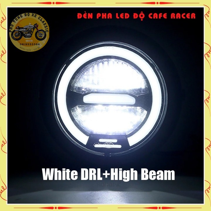 Đèn pha led cao cấp , đèn led pha độ xe máy CAFE RACER gáo sắt sơn đen mặt kính trong suốt