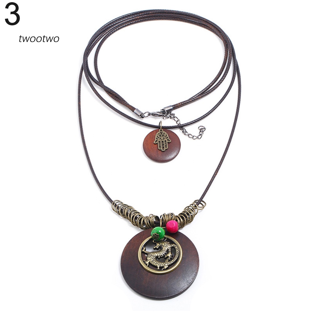 Vòng cổ nhiều lớp mặt gỗ lá và rồng phong cách vintage thời trang