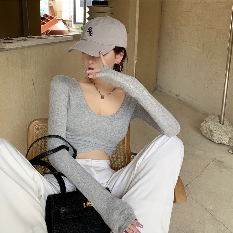 Áo thun COZOK tay dài cổ chữ U dáng ôm quyến rũ trẻ trung cho bạn gái