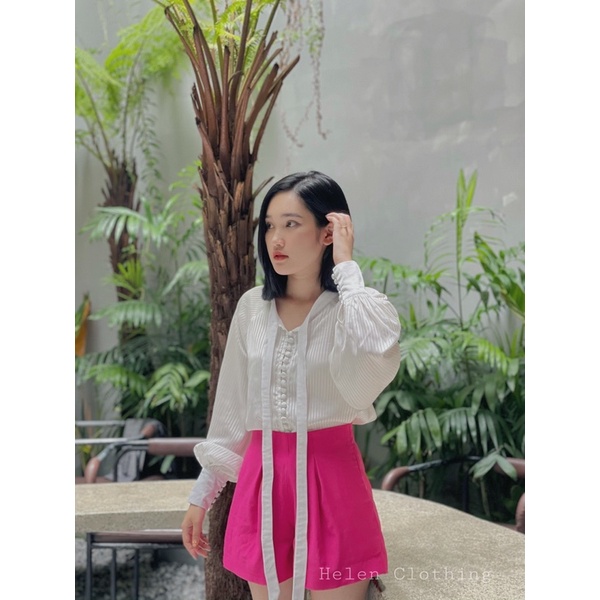 Áo sơ mi công sở nữ, áo lụa tay bồng, lụa cao cấp mềm mát, cổ dây - Helen Clothing