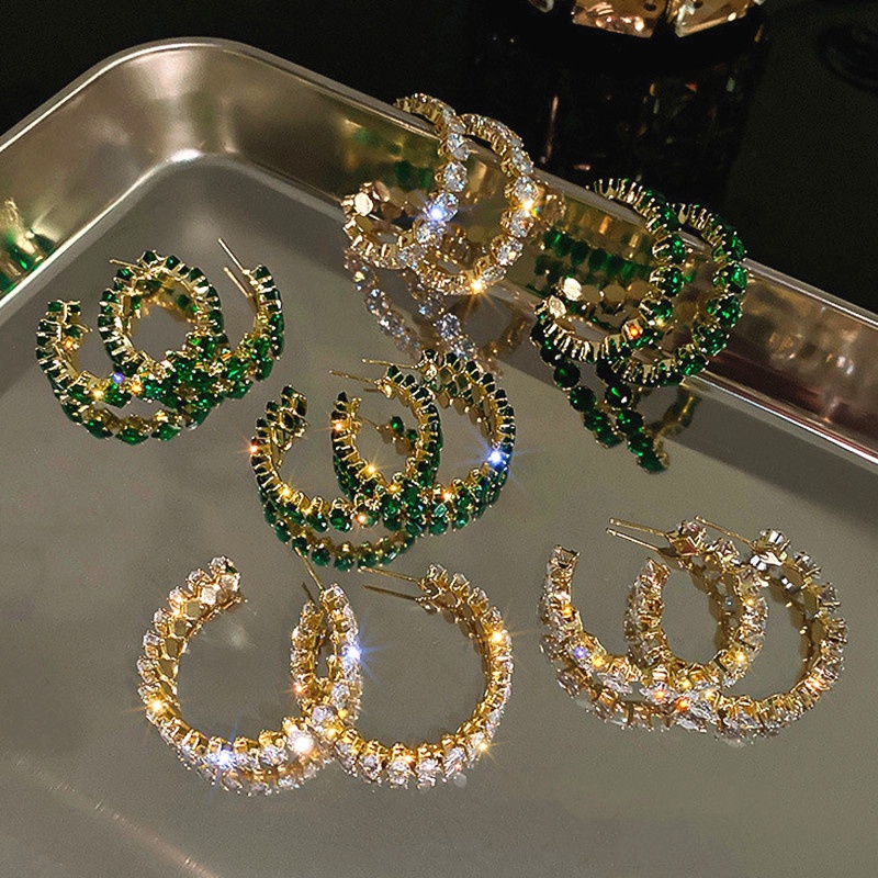 1 Đôi Bông Tai Đính Đá Zircon Màu Xanh Lá/Trắng Thời Trang Chất Lượng Cao Cho Nữ