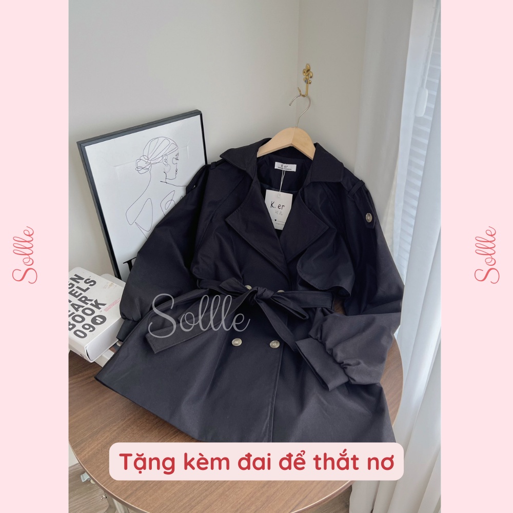 Áo khoác nữ măng tô dáng lửng kèm đai chất kaki dày đẹp 2 lớp trơn nhiều màu Hàn Quốc Sollle