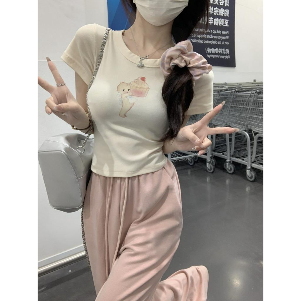 Áo Thun Cotton Ngắn Tay Dáng Ôm In Hình Dễ Thương Thời Trang Mùa Hè 62163