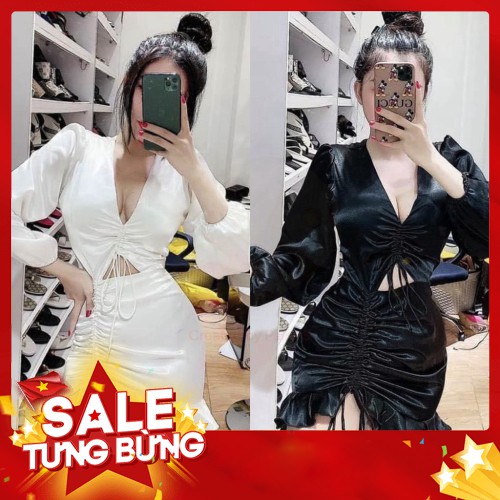 -Hàng nhập khẩu Đầm Satin Body Tay Dài, Có Dây Rút Ở Ngực SIÊU Sexy, 3 màu Đen, Trắng, Caro Cho Nàng Dự Tiệc, Đám Cưới,