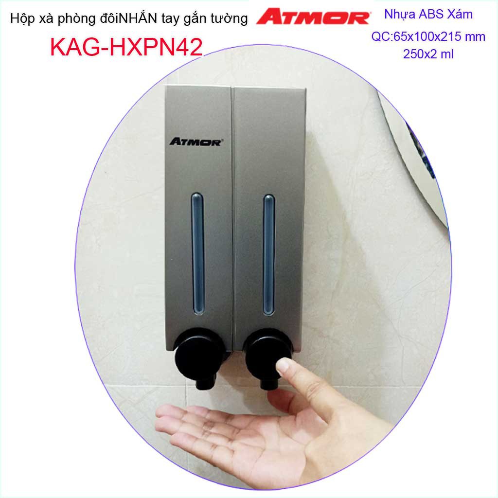 Hộp nhấn xà phòng đôi Atmor  KAG-HXPN42-Xám, hộp đựng xà bông 250ml x2 Dark grey nhấn êm thiết kế đẹp siêu bền