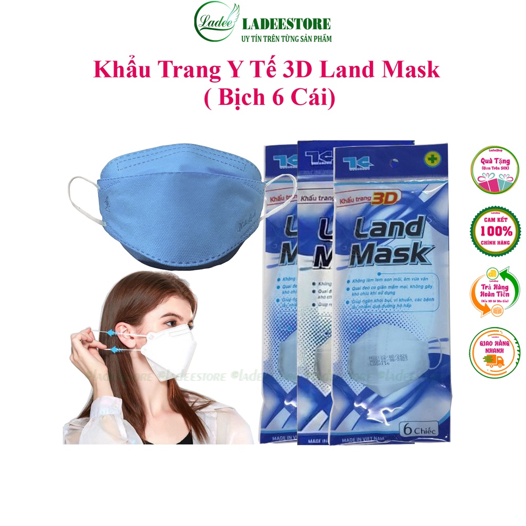 Khẩu Trang 3D Landmask, Khẩu Trang Người Lớn Cao Cấp Hộp 6 Cái, Màu Xanh