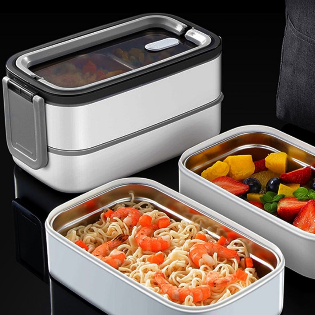 Hộp cơm văn phòng giữ nhiệt 2 tầng 3 ngăn inox 304, tặng kèm túi đựng cách nhiệt 3 lớp và đũa thìa