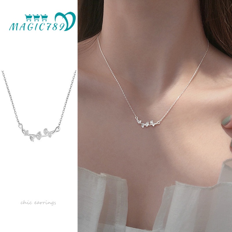 Magic789 Dây chuyền bạc Ginkgo cho phụ nữ Dây chuyền mặt dây chuyền hoa phong cách Hàn Quốc Dây chuyền hoa xương đòn Trang sức