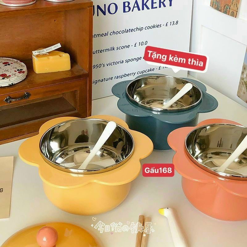 Bát úp mì - Bát ăn mì tôm inox 2 lớp cách nhiệt hình bông hoa có nắp đậy