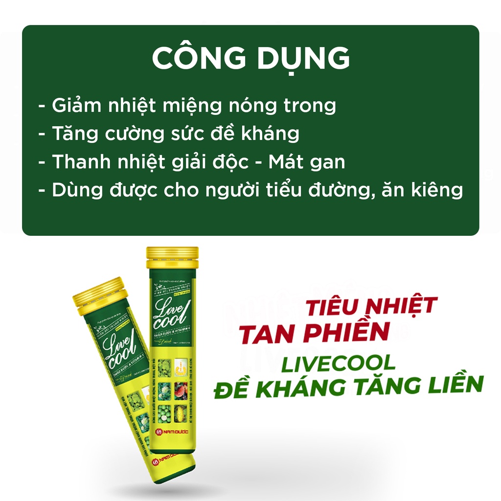 Viên sủi thanh nhiệt Livecool Nam Dược hương dưa gang 16 viên x4g hỗ trợ giảm nhiệt miệng nóng trong, giải độc, mát gan