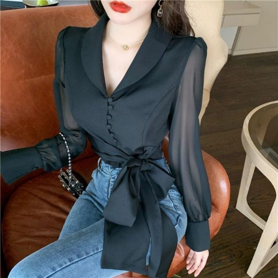 Áo Sơ Mi Voan Dài Tay Cổ V Thắt Nơ Thời Trang Mùa Xuân Cho Nữ