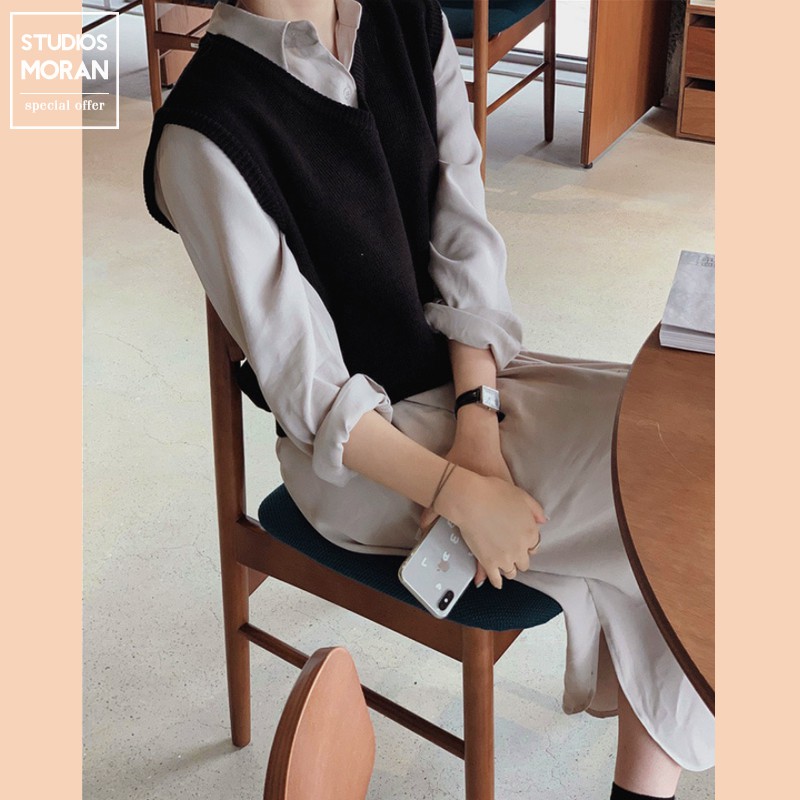 Váy sơ mi dài tay mùa thu MORAN xẻ tà suông dài style nữ sinh Hàn Quốc