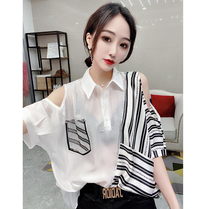 Áo Kiểu Mùa Hè Dáng Suông Tay Cộc Hở Vai Kẻ Sọc Đính Đá Dễ Phối Đồ Thời Trang Phong Cách Châu Âu Cho Nữ