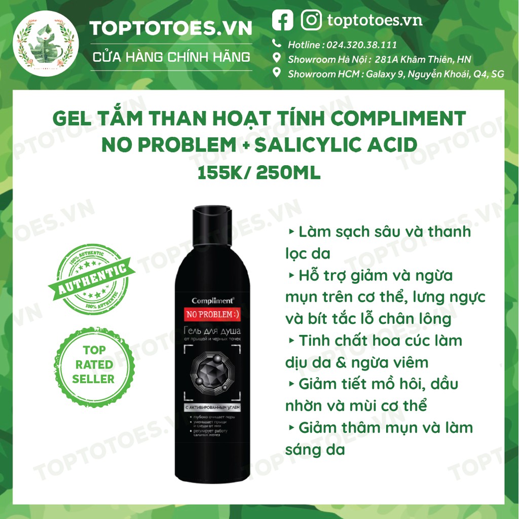 Gel tắm than hoạt tính Compliment No problem + Salicylic Acid làm sạch sâu, giảm và ngừa mụn cơ thể 250ml