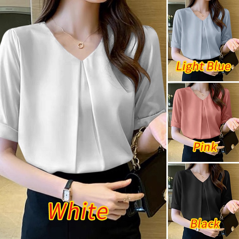Áo kiểu ZANZEA ngắn tay cổ chữ V màu trơn phong cách Hàn Quốc thời trang cho nữ