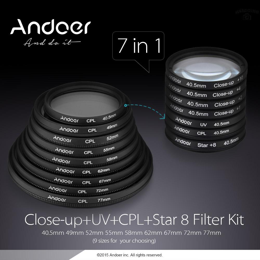 SONY NIKON CANON Ống Kính Máy Ảnh Andoer 40.5mm Uv + Cpl + Star8 + Close-Up (+ 1 + 2 + 4 + 10) Cho Máy Ảnh Dslr