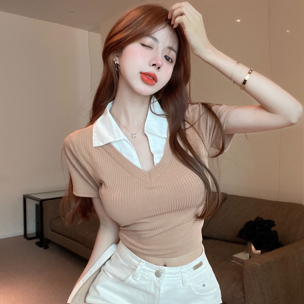Áo dệt kim ZHELIHANGFEI tay ngắn cổ chữ V giả hai lớp thời trang cá tính cho nữ