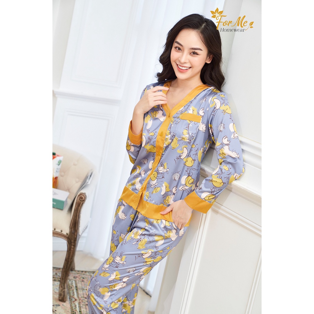 Bộ đồ ngủ, mặc nhà chất Lụa Giấy Luxury Dài Tay Bộ Hoa cổ tim 04 ,forme pijama