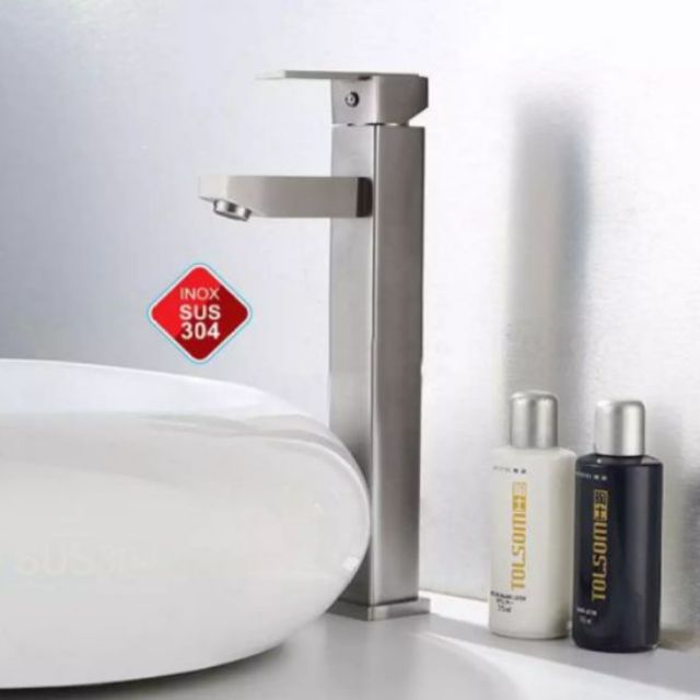 Vòi rửa mặt lavabo vuông inox 304 nóng lạnh 30 cm kèm 2 dây cấp nước