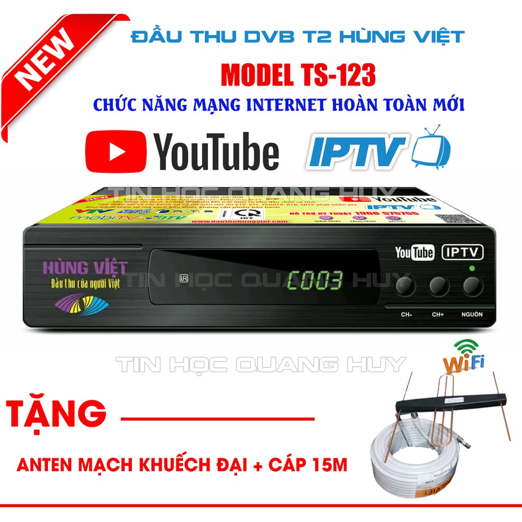 Đầu thu DVB T2 Hùng Việt TS 123 tặng bộ anten khuếch đại